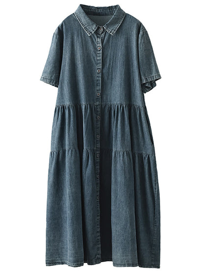 Women Summer Casual Solid Button-up Pleated Dress LL024 ZMMM