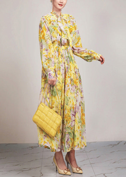Beautiful Yellow Print Lace Up Chiffon Long Dress Long Sleeve AR1037 JDML-240823