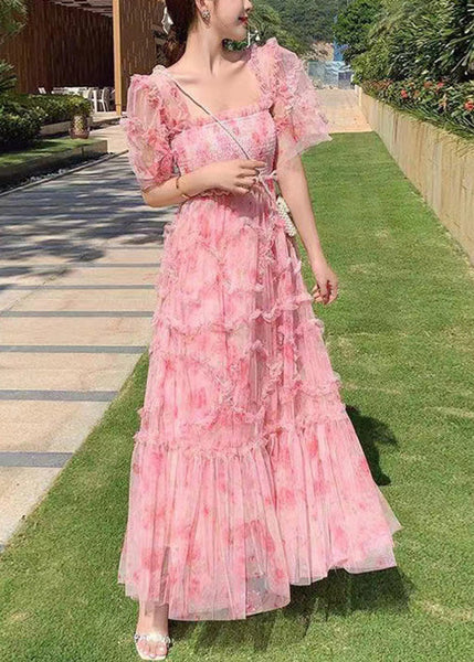 Vogue Black Square Collar Ruffled Print Tulle Long Dress Summer AZ1011 shopify