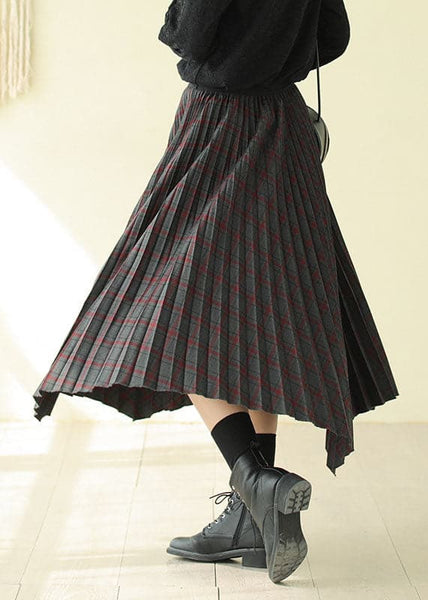 Women Chocolate Elastic Waist Asymmetrical Design Plaid Cotton Skirt Fall AJ1011 shopify