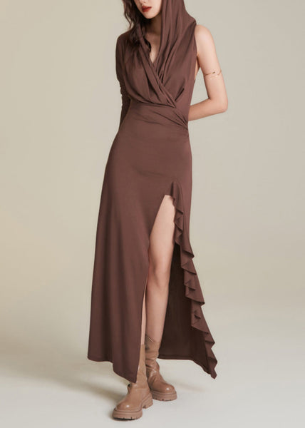 Sexy Chocolate Wrinkled Patchwork Holiday Hoode Long Dress Sleeveless AJ1015 shopify