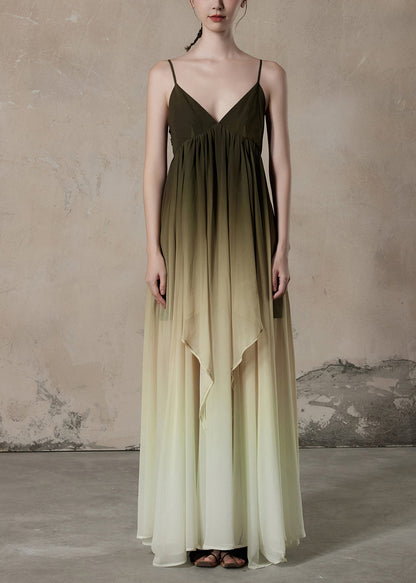 Wrinkled Chiffon Gradient Neck Sleeveless Chic Dress Color Long V FashionChic