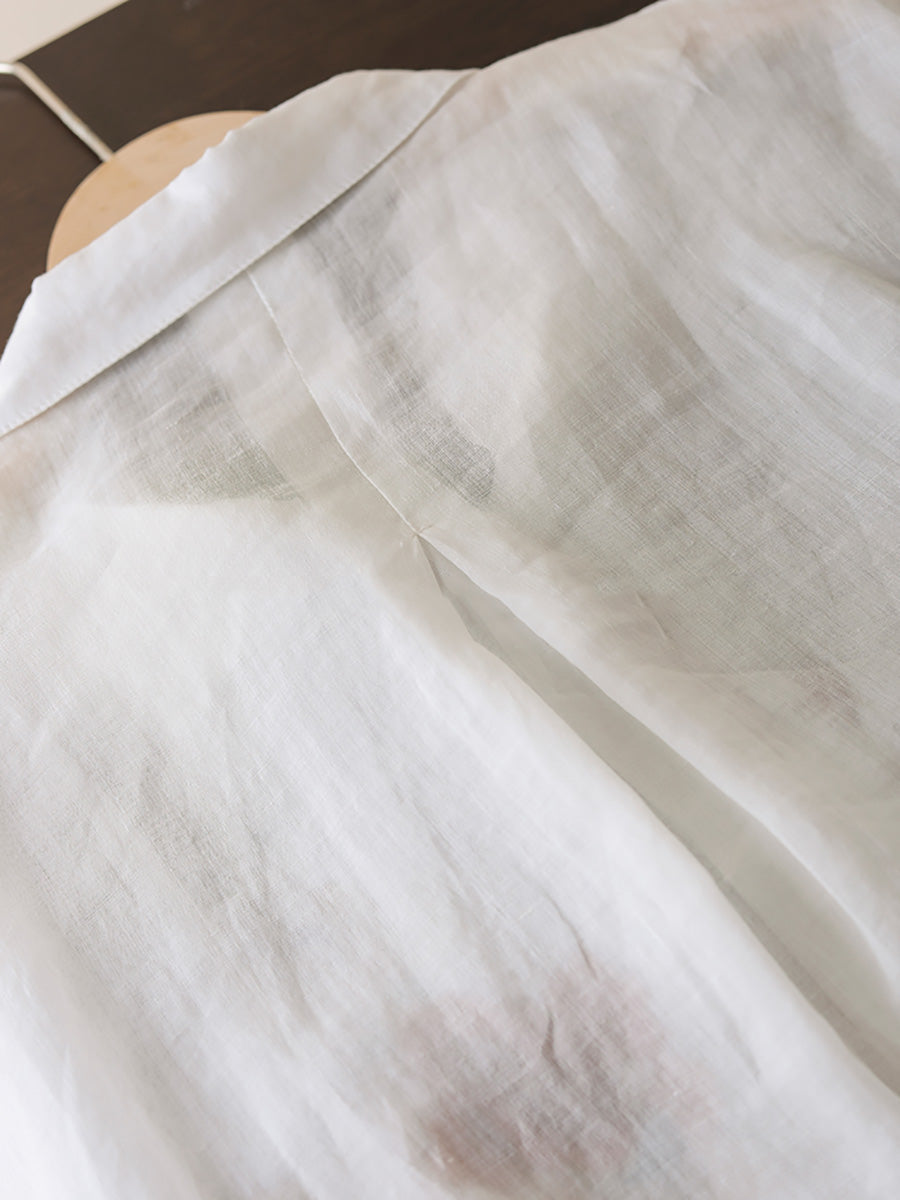 Women Summer Artsy Flower Shirred Button-up Ramie Shirt LL041 BUYKUD