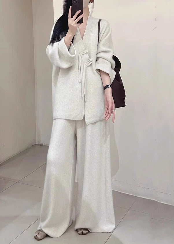 Brief Light Grey V Neck Button Knit Coats And Pants Two Piece Set Fall WV028 ABC