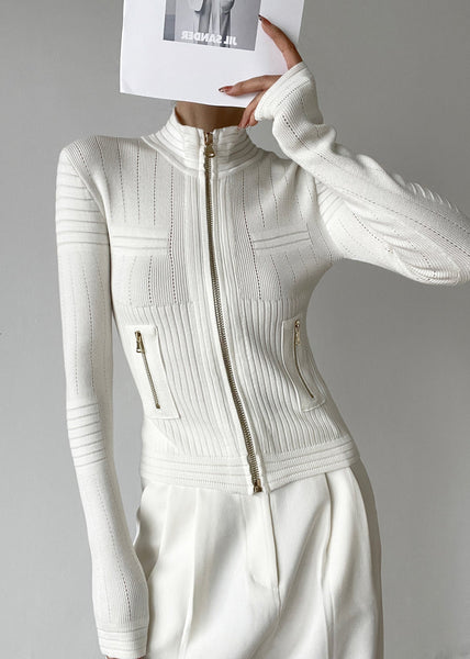 Chic White Stand Collar Zip Up Patchwork Woolen Knit Cardigans Winter RV036 ABC