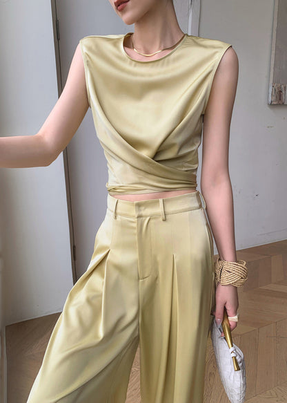 French Yellow O-Neck Silk Top And Wide Leg Pants Two Pieces Set Sleeveless AN1027 Genistyle Shop