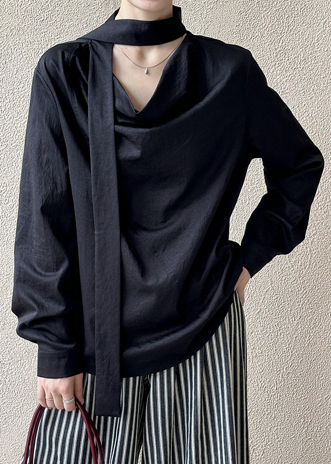 Black Solid Loose Cotton Shirt Bow Long Sleeve AF1057 HS-LTP240914