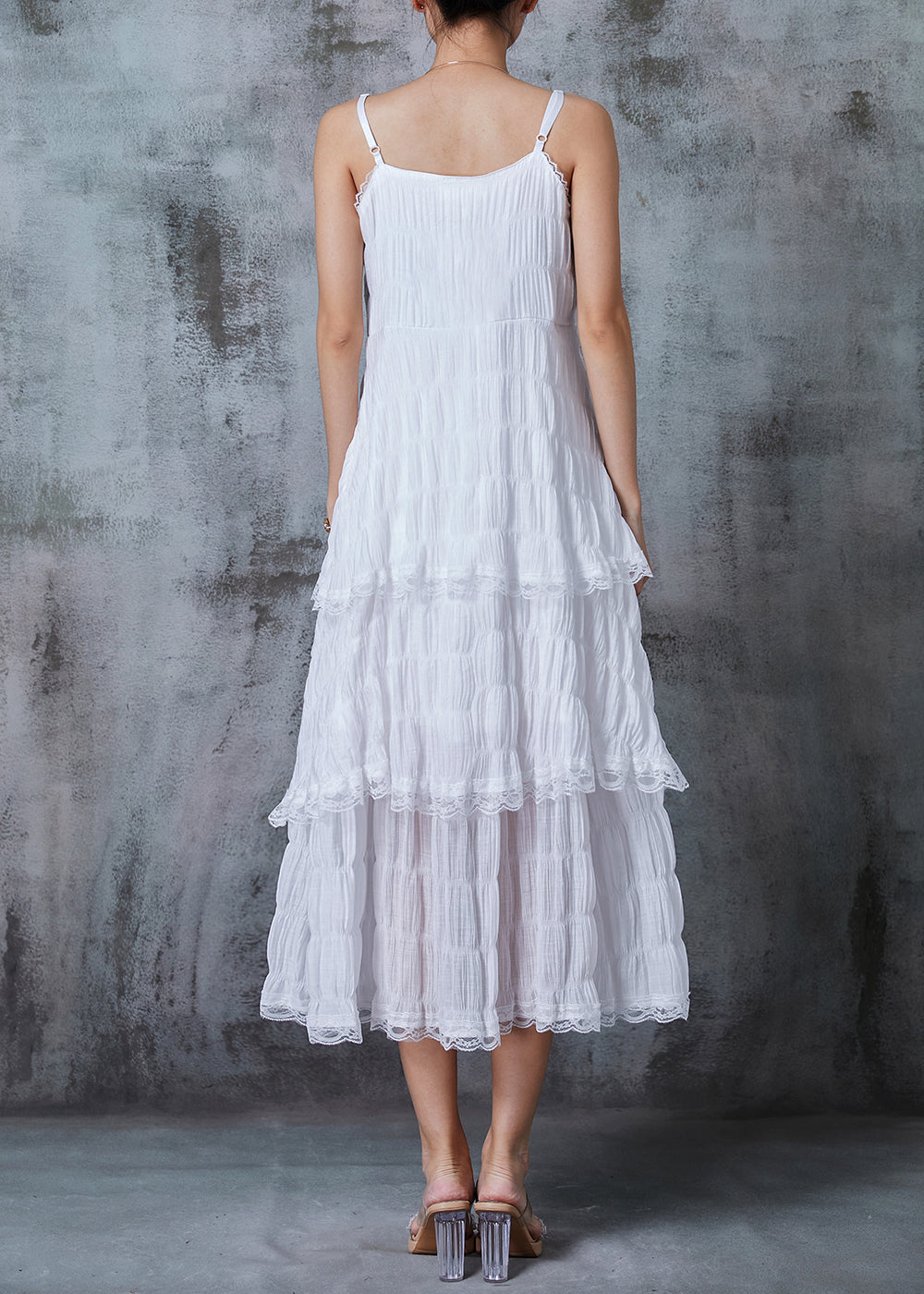 White Patchwork Cotton Spaghetti Strap Dress Wrinkled Summer PZGY-SDL240826