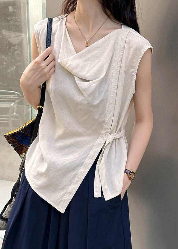 Beige Solid Cotton Blouse Tops Turtle Neck Sleeveless AF1044 HS-STP240914