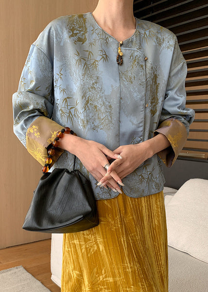 Loose Blue Button Print Silk Coats Long Sleeve AF1087 HS-CTS240914