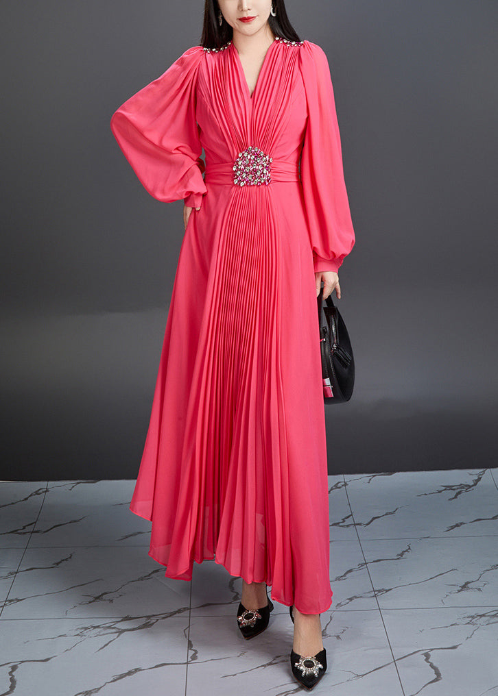 Novelty Red V Neck Wrinkled Chiffon Long Dress Fall AR1039 JDML-240823