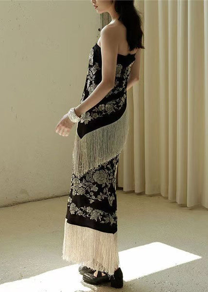 Black High Sleeveless Tasseled Patchwork Waist Novelty Dresses FashionChic