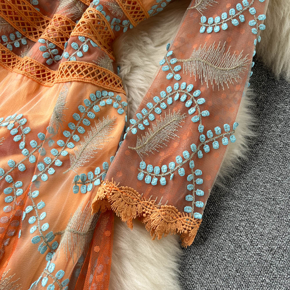 Italian Orange V-Neck Embroidery Tulle Long Sleeve Dress AR1005 shopify