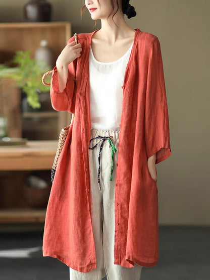 Women Summer Casual Solid Linen Button-up Long Shirt SC1033 Ada Fashion