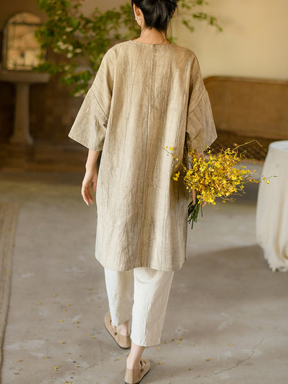 Women Summer Vintage Solid Loose Linen Short Dress II1008 BUYKUD