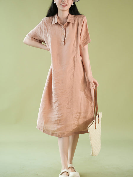 Women Summer Casual Solid Polo Collar 100%Ramie Dress CX056 ZMMM