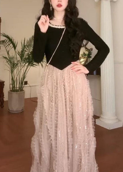 French Colorblock O Neck Patchwork Tulle Long Dress Fall QX035 shopify