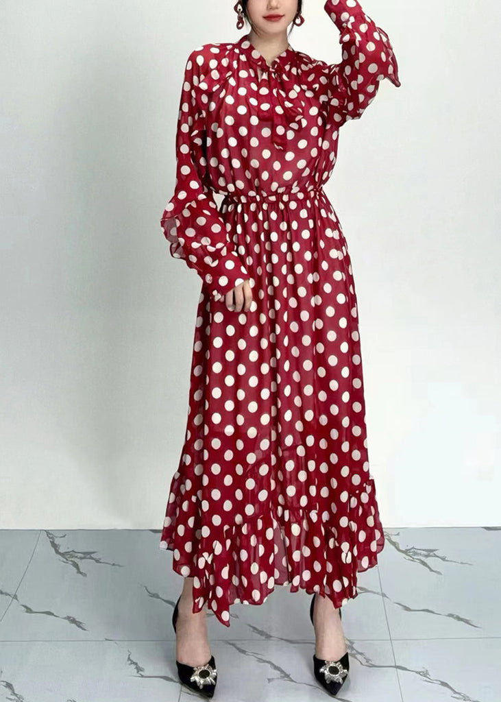 Organic Red Dot Print Ruffled Chiffon Dresses Long Sleeve AO1054 JDML-FDL240909