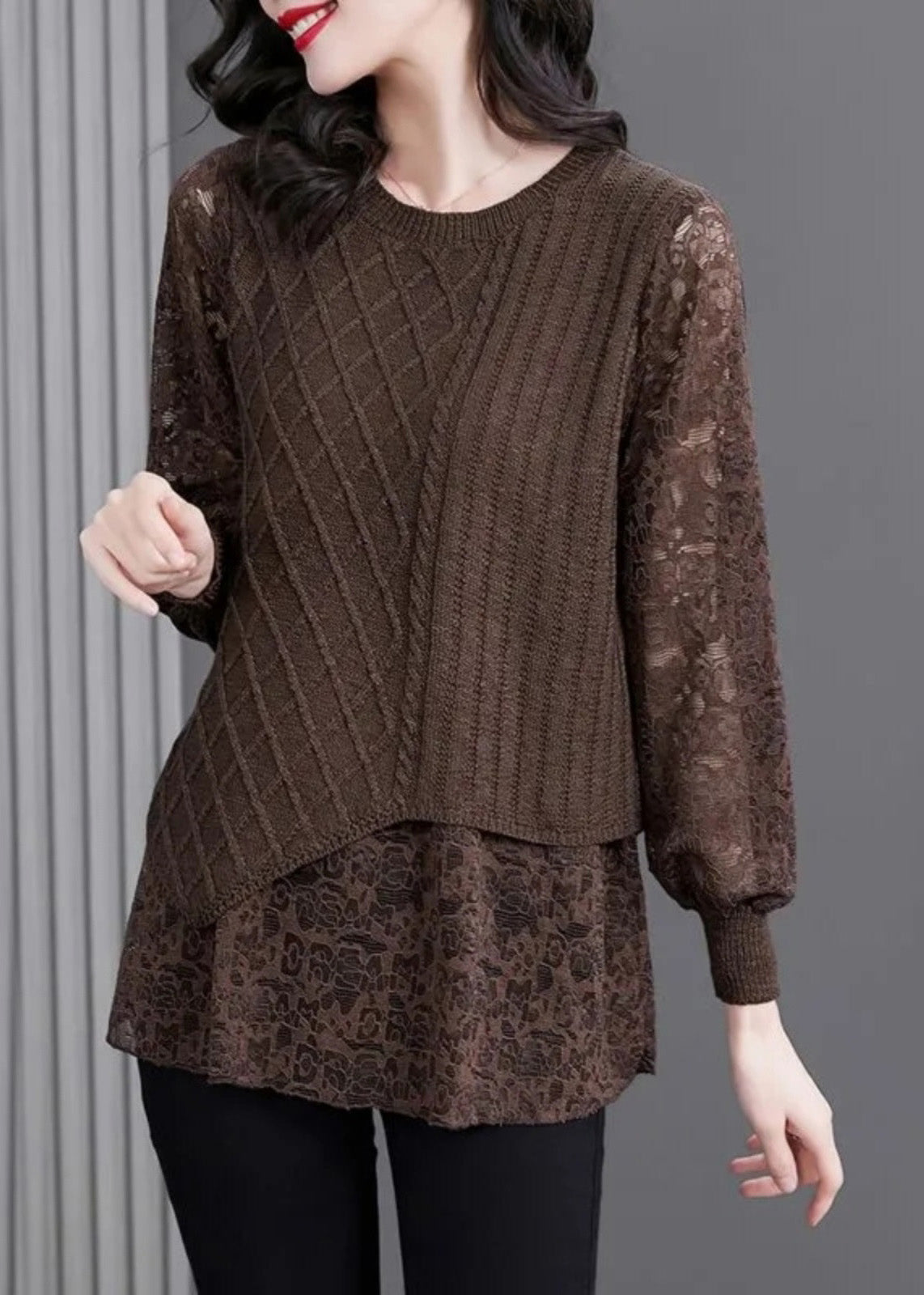 Women Coffee O-Neck Knit Patchwork Fake Two Pieces Top Fall WD029 OL-LTP241103