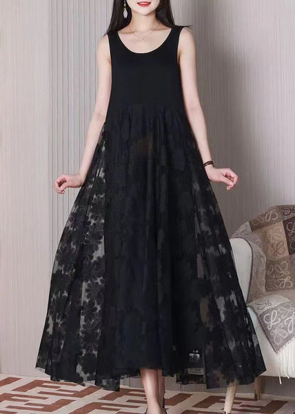 Women Black O Neck Patchwork Cotton Dresses Sleeveless TT1024 shopify