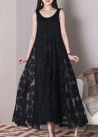 Women Black O Neck Patchwork Cotton Dresses Sleeveless TT1024 shopify