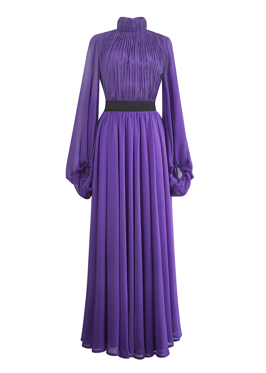 Stand Silk Wrinkled Italian Purple Long Dresses Lantern Collar FashionChic