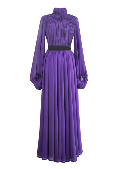 Stand Silk Wrinkled Italian Purple Long Dresses Lantern Collar FashionChic