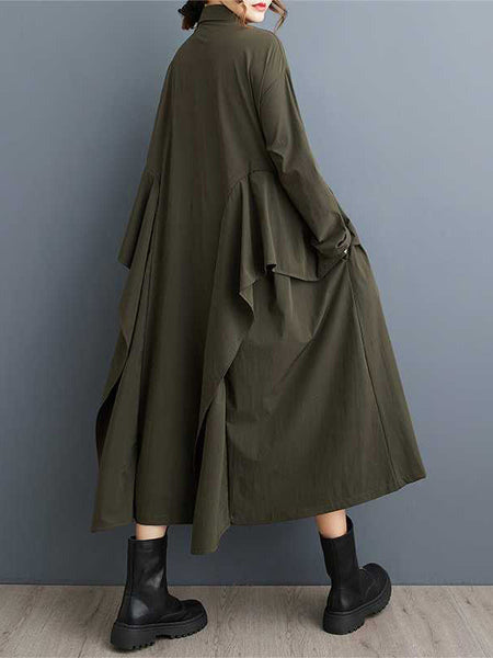 Unique Black Lapel Buttoned Patchwork Ruffle Trim Long Sleeve Dress TW018 ABC