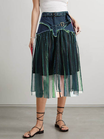 Denim Shiny Waisted Skirt A-Line Green Belted Chic High Tulle FashionChic