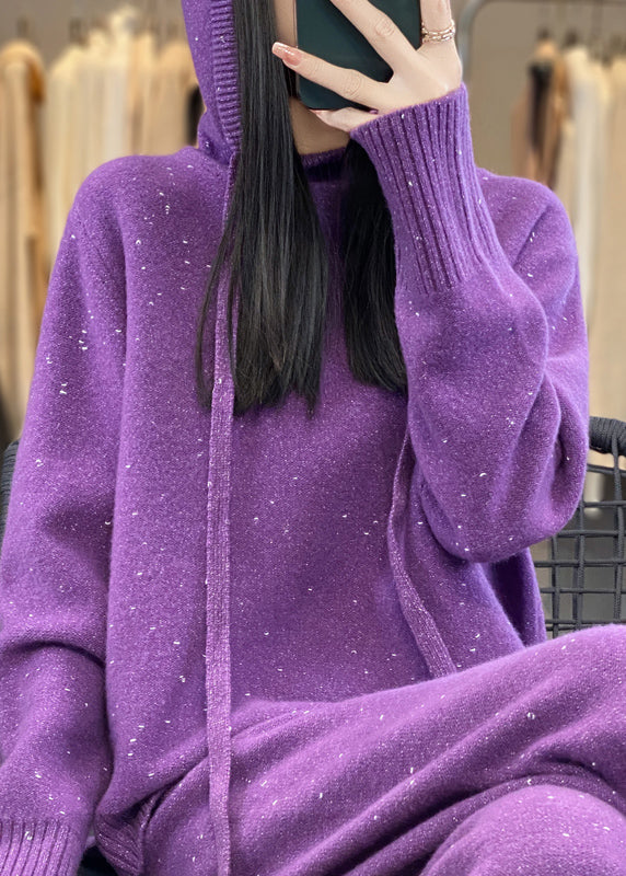 Stylish Purple Drawstring Hooded Cotton Knit Sweaters And Wide Leg Pants Two Piece Set Winter WV015 ABC