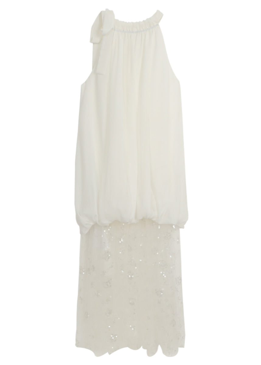 Fine White Wrinkled Patchwork Tulle Holiday Dress Sleeveless AZ1029 shopify