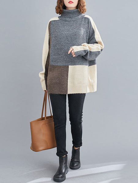 Stylish Grey High-Neck Color-block Long Sleeve Knit Sweater AN1043 Genistyle Shop
