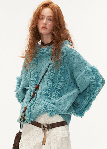 Women Blue Cold Shoulder Tassel Thick Cotton Knit Sweaters Winter QX003 shopify