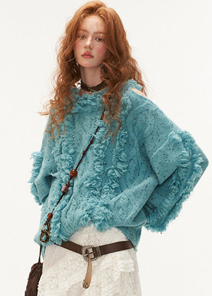 Women Blue Cold Shoulder Tassel Thick Cotton Knit Sweaters Winter QX003 shopify