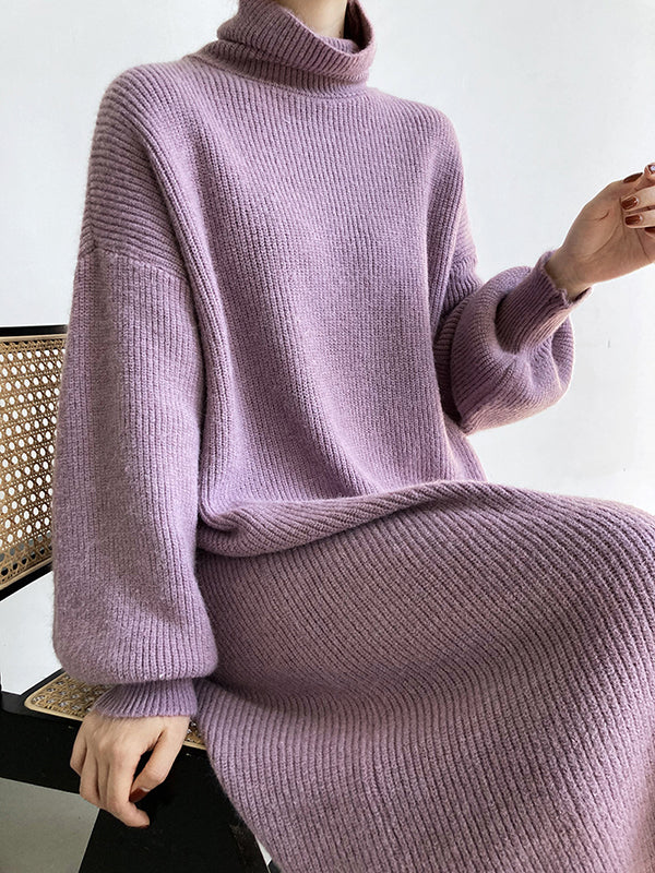 Urban Loose Purple High-Neck Long Puff Sleeve Sweater Dress AN1052 Genistyle Shop