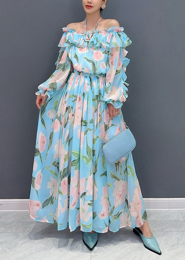 Fashion Blue Cold Shoulder Ruffled Patchwork Chiffon Dresses Long Sleeve AO1008 JDML-FDL240909