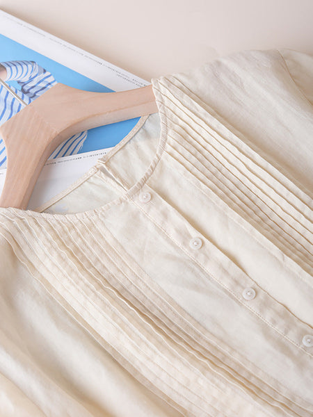 Women Summer Artsy Shirred O-Neck Lacework Ramie Dress CX030 YQMM