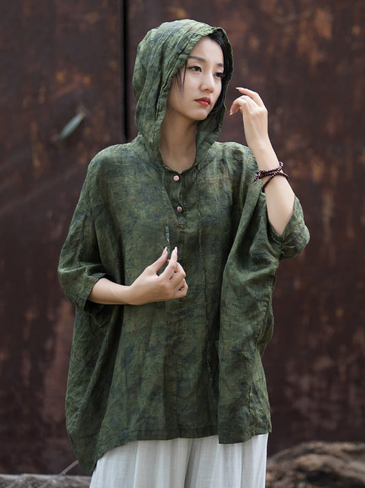 Women Summer Retro Solid Loose Hooded Ramie Shirt CC045 BXF