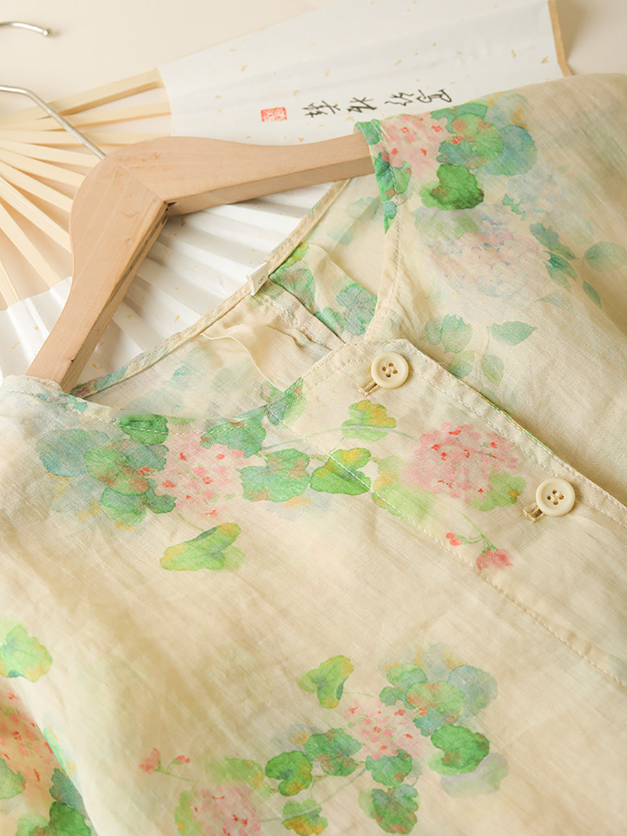 Women Summer Artsy Flower Button-up Pocket Ramie Shirt CC047 LPP