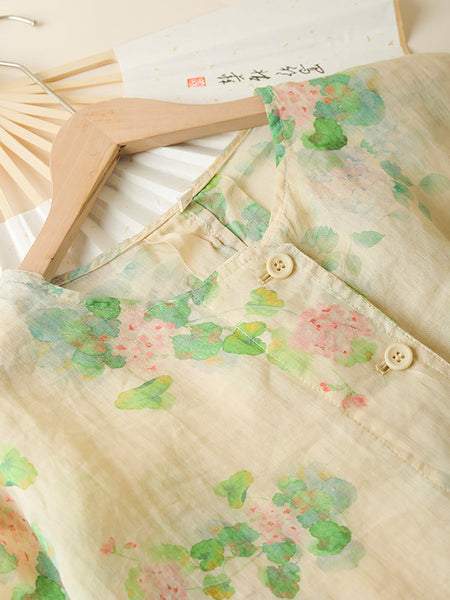 Women Summer Artsy Flower Button-up Pocket Ramie Shirt CC047 LPP