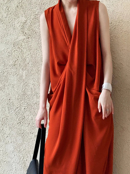 Pockets with Draped Sleeveless Dress Elegant Midi FashionChic
