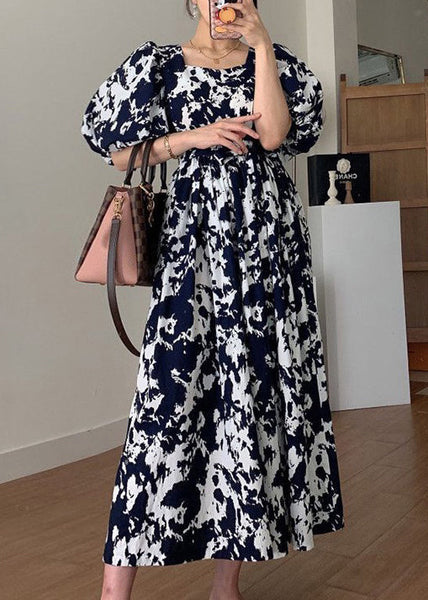 Elegant Black Square Collar Print Cotton Long Dress Summer QP005 OL-SDL241001