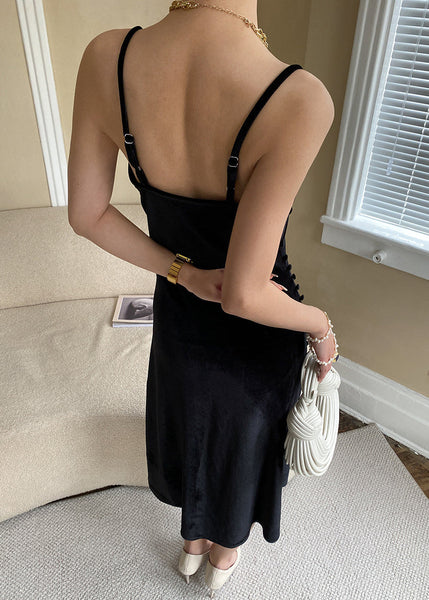 Black Solid Silk Velvet Spaghetti Strap Dress Cold Shoulder Summer AF1032 HS-SDL240914