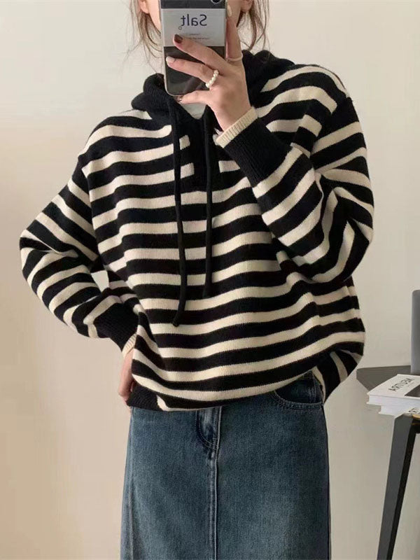 Casual Black Hooded Drawstring V-Neck Contrast Color Striped Long Sleeve Sweater QX019 shopify