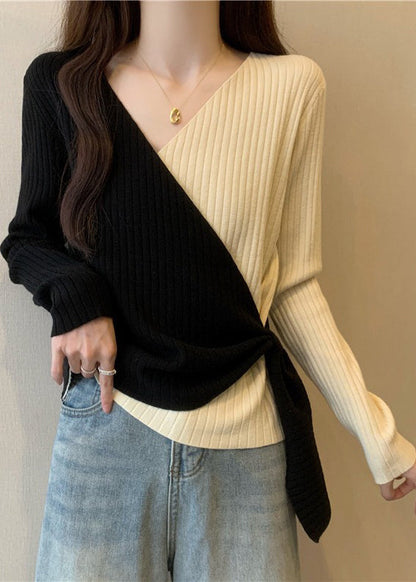 Apricot Patchwork Knit Top Asymmetrical Cross Strap Fall QC041 shopify