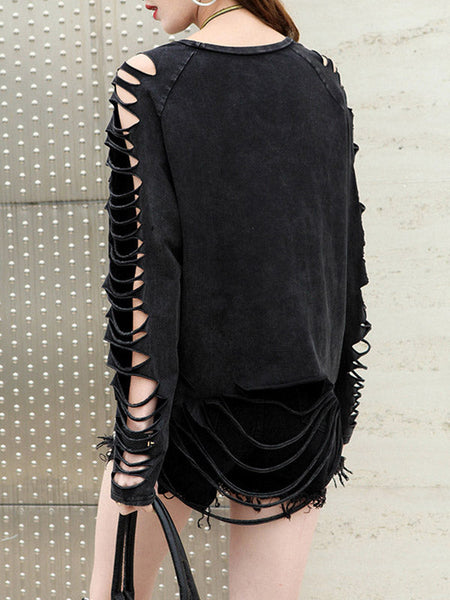 Black Sleeves T-shirt Out Long Round-neck Street Loose Hollow FashionChic