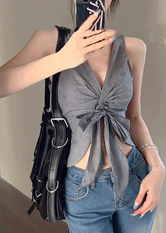 Sexy Grey V Neck Tie Waist Vest Summer AN1028 Genistyle Shop