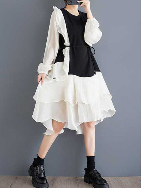 Chic Black Round-Neck Patchwork Contrast Color Ruffle Trim High-Low Long Sleeve Dress TW019 ABC