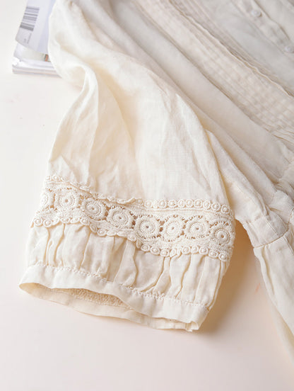 Women Summer Artsy Shirred O-Neck Lacework Ramie Dress CX030 YQMM