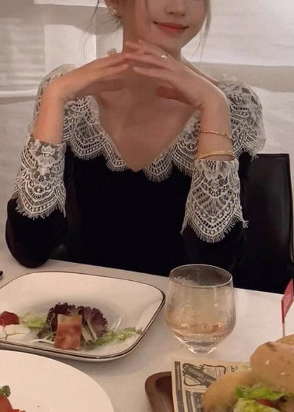 Black Patchwork V Spring Dresses Neck Silk Velvet Lace French FashionChic